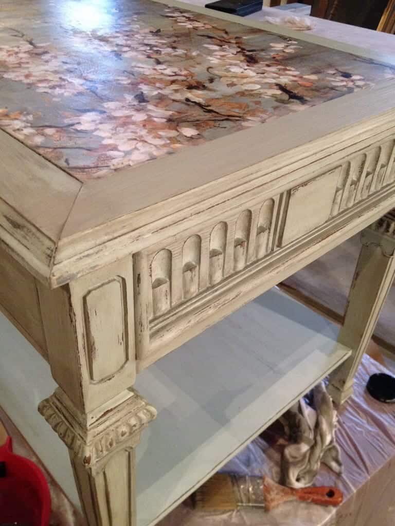 upcycled table with decoupage