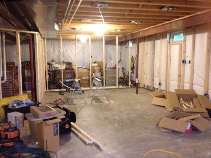 Basement remodel floor plan during construction 