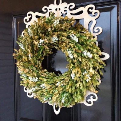 front door boxwood wreath with frame