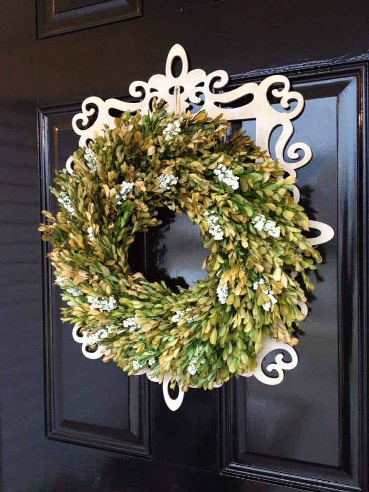 front door boxwood wreath with frame