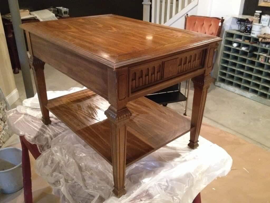 maple table before chalk paint and decoupage
