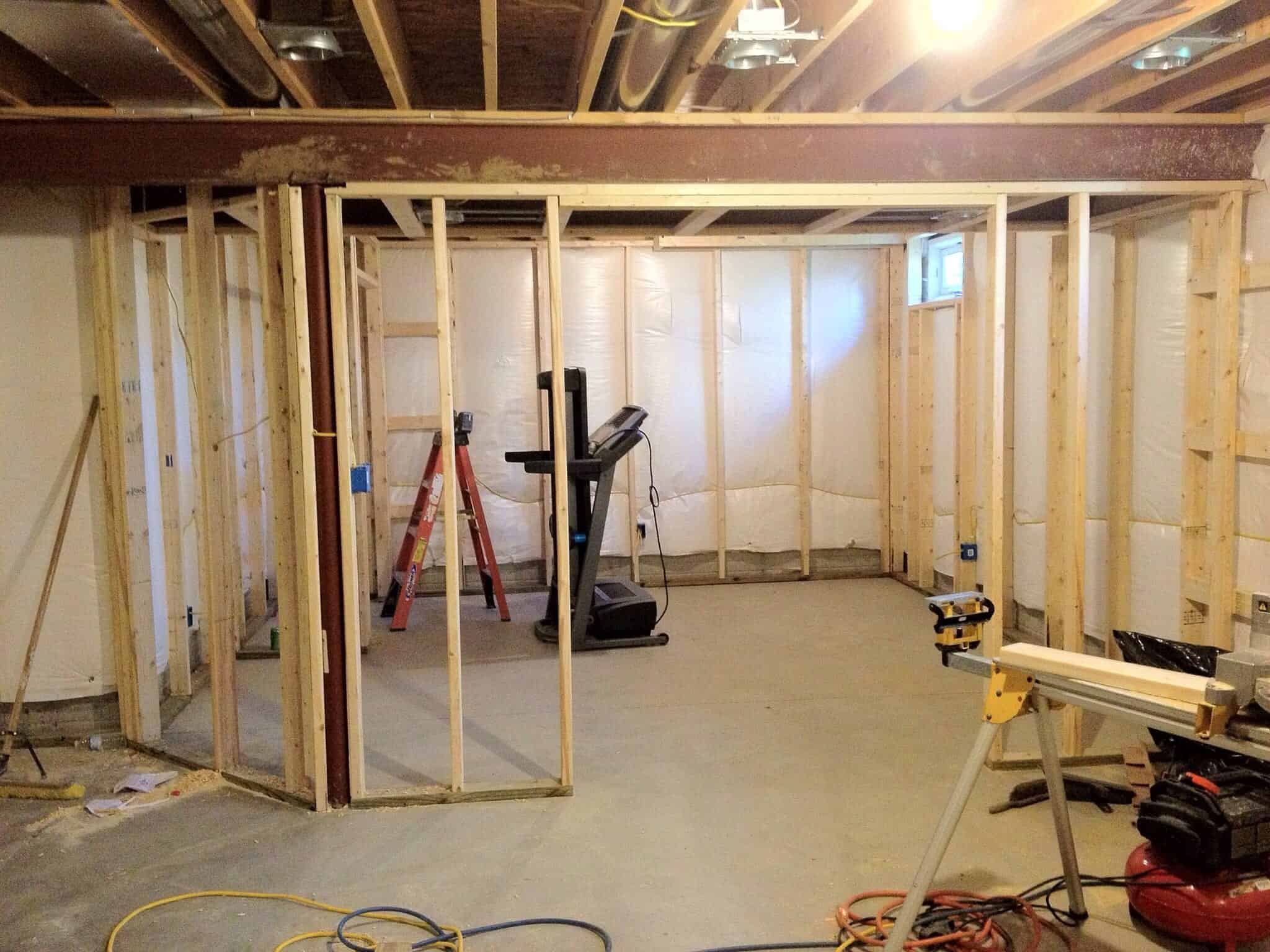 industrial basement guest room before