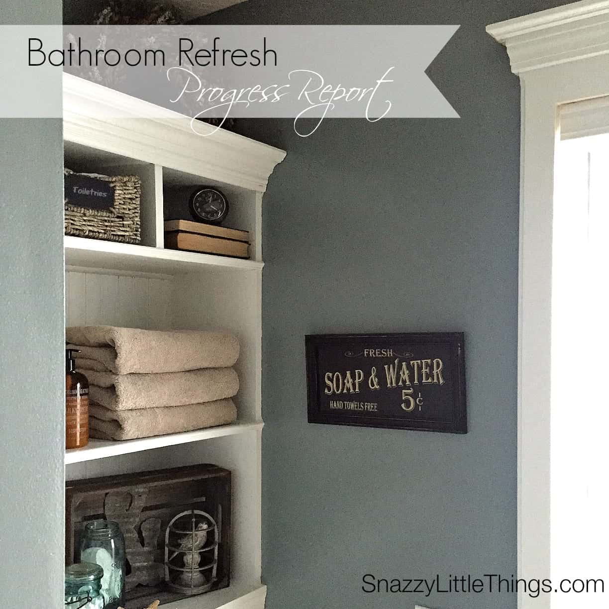 Bathroom Remodel: new paint + built-ins + Levolor blinds - by SnazzyLittleThings.com