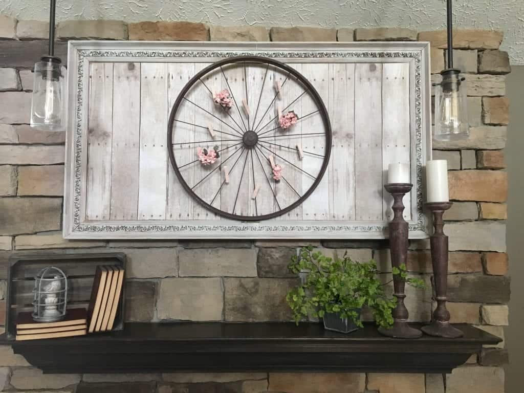 Bicycle wheel mantel display by SnazzyLittleThings.com