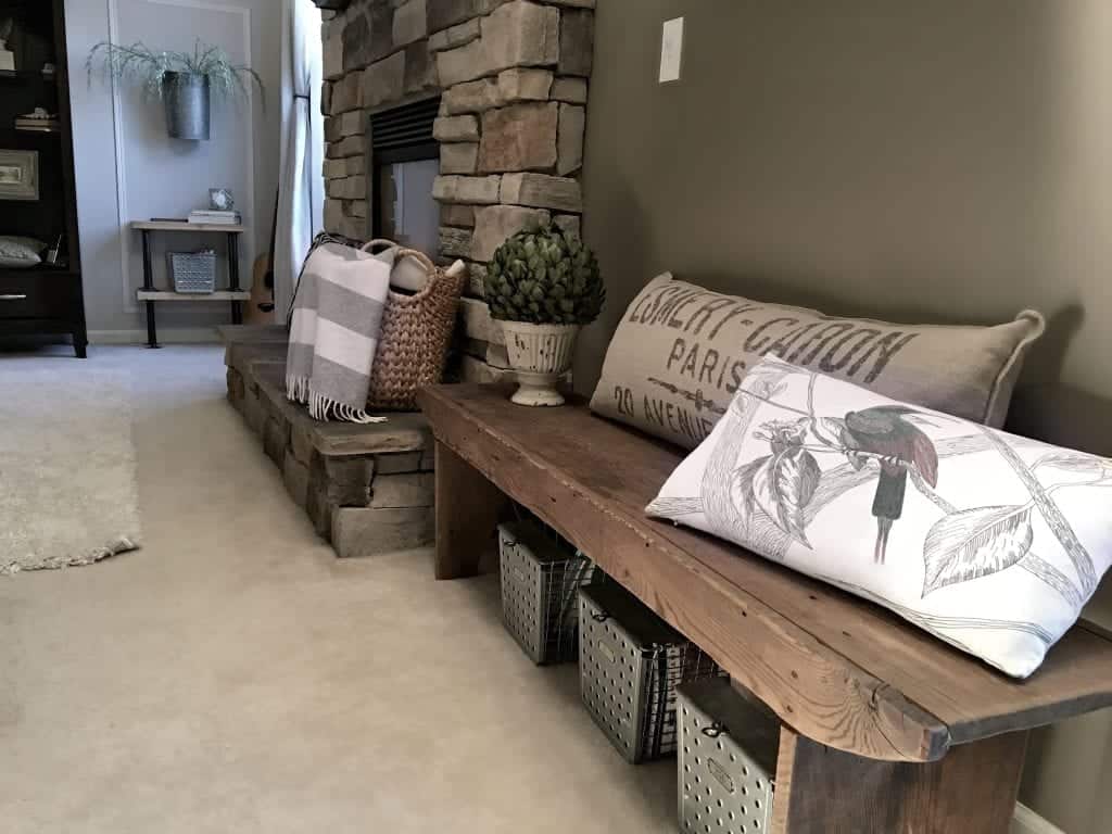 Old Bench in Family Room by SnazzyLittleThings.com
