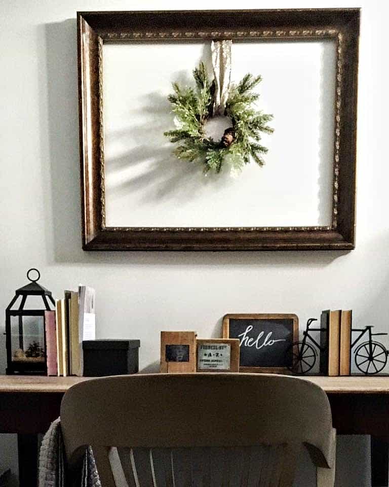 Old Frame with Wreath, office decorating ideas with thrifted items