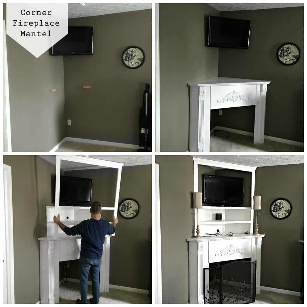 Corner Fireplace Mantel Installation using a kit. We built our own shelving to house the tv