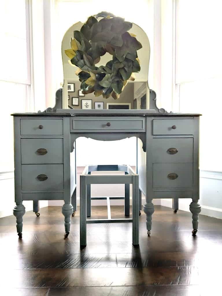 Antique Blue Vanity with Scroll Stencil front view