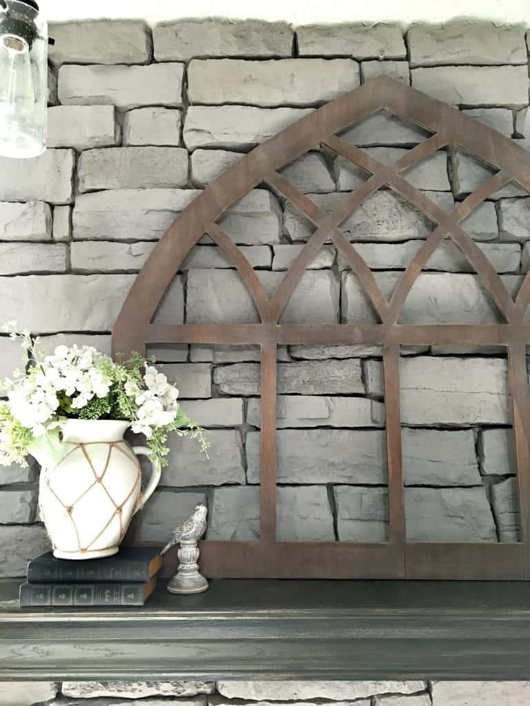 diy-cathedral-window-frame-fixer-upper stained light wax on mantel