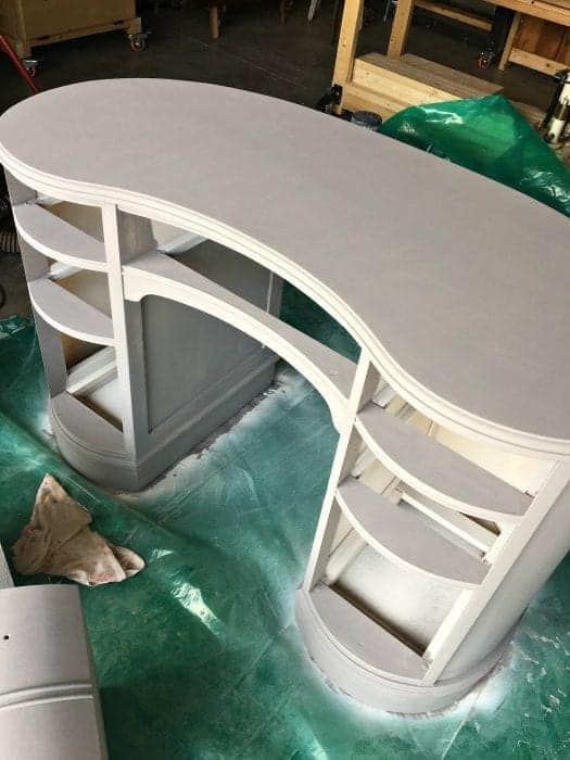 Antique Kidney Desk Makeover Sprayed with Primer Full View