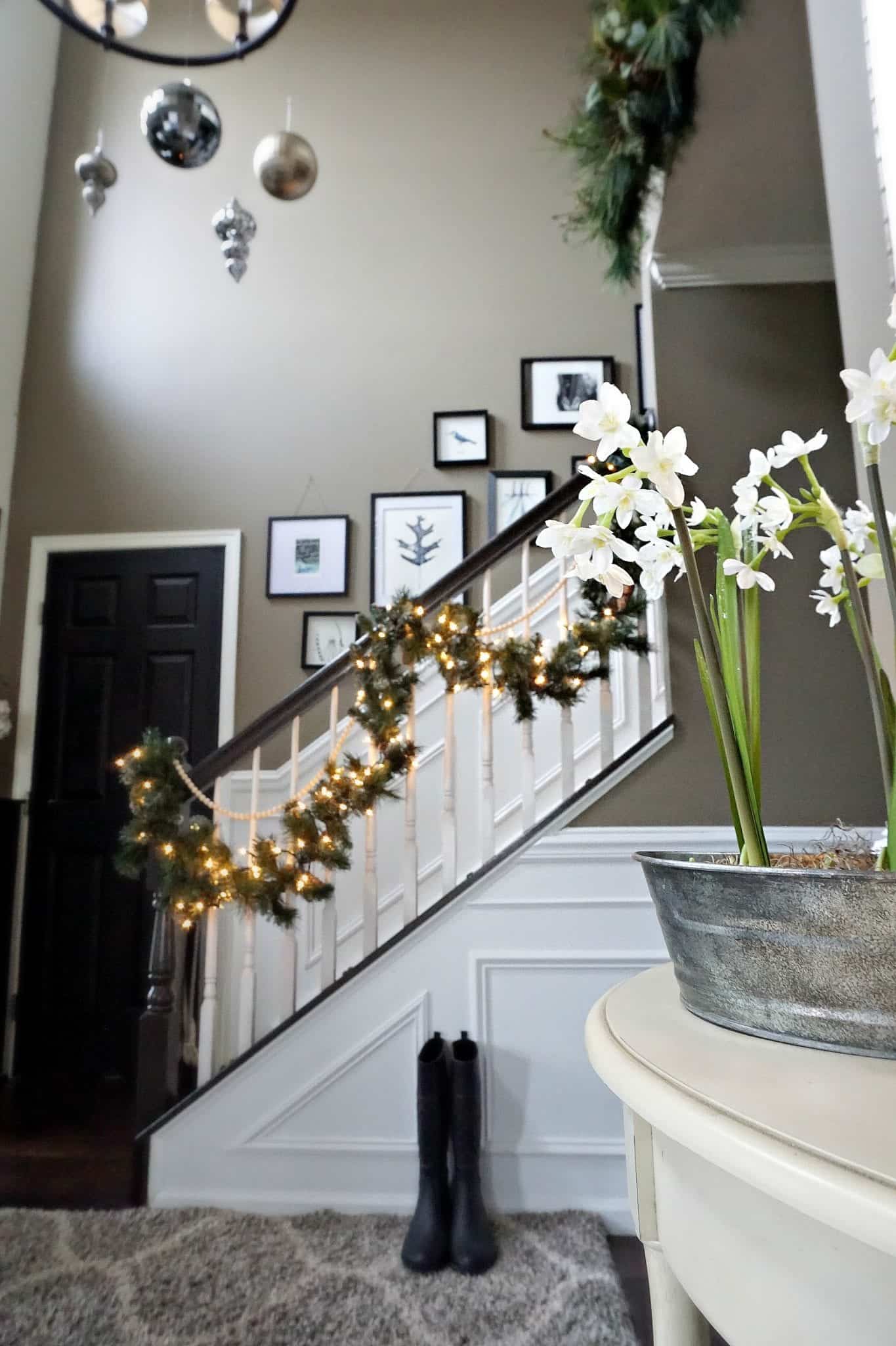 Modern Rustic Holiday Home Tour 2017 Close up of paperwhites in foyer