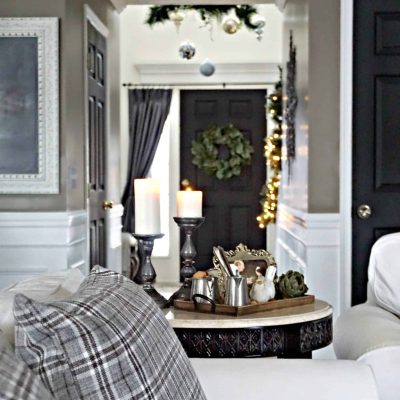 Modern Rustic Holiday Home Tour 2017 View of Front Door from White Couch