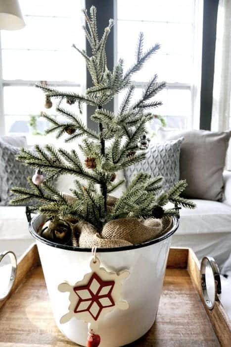 Modern Rustic Holiday Home Tour 2017 White Enamel Pot with Pine Tree