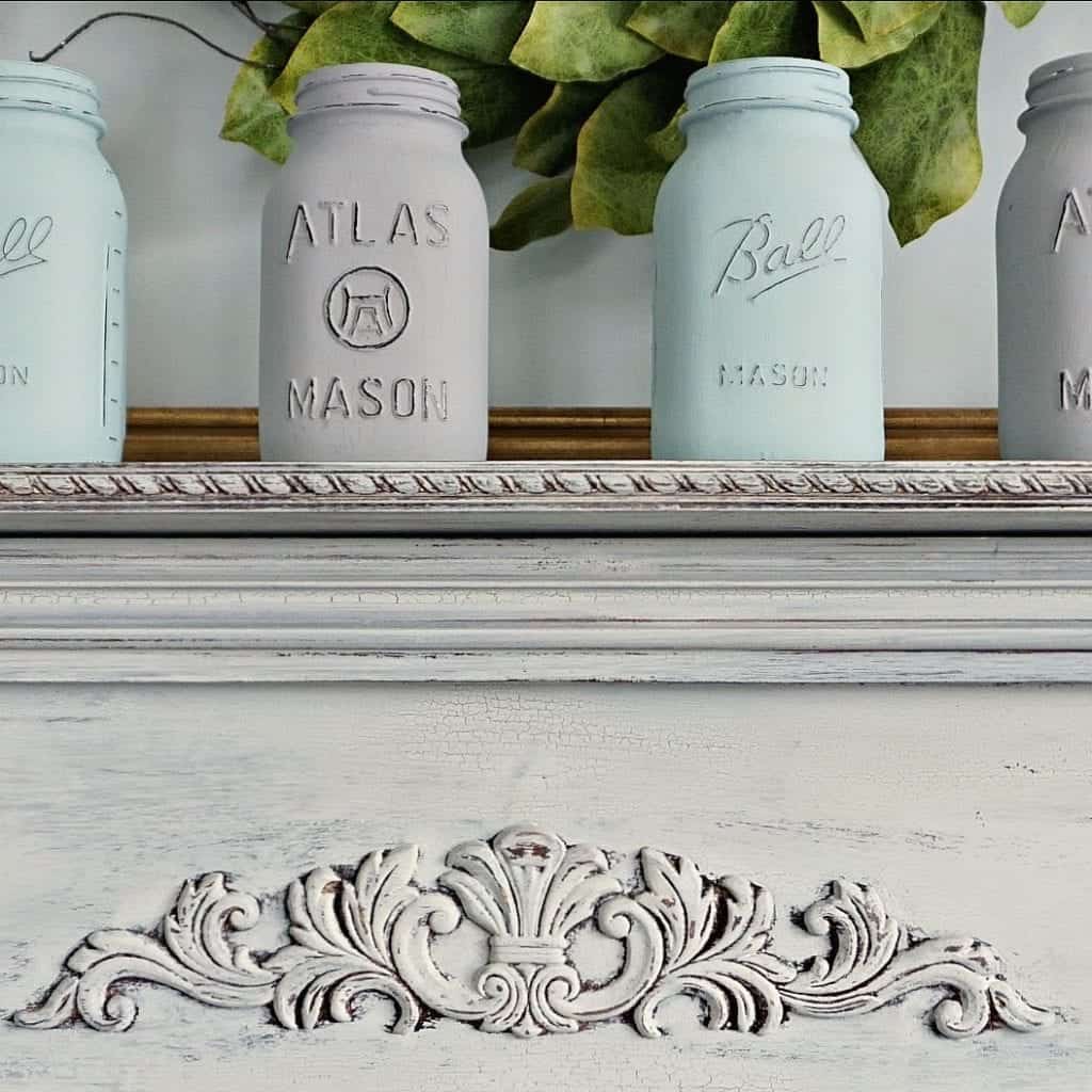 Chalk Painted Mason Jars on Chippy Mantel painted with Miss Mustard Seed Milk Paint