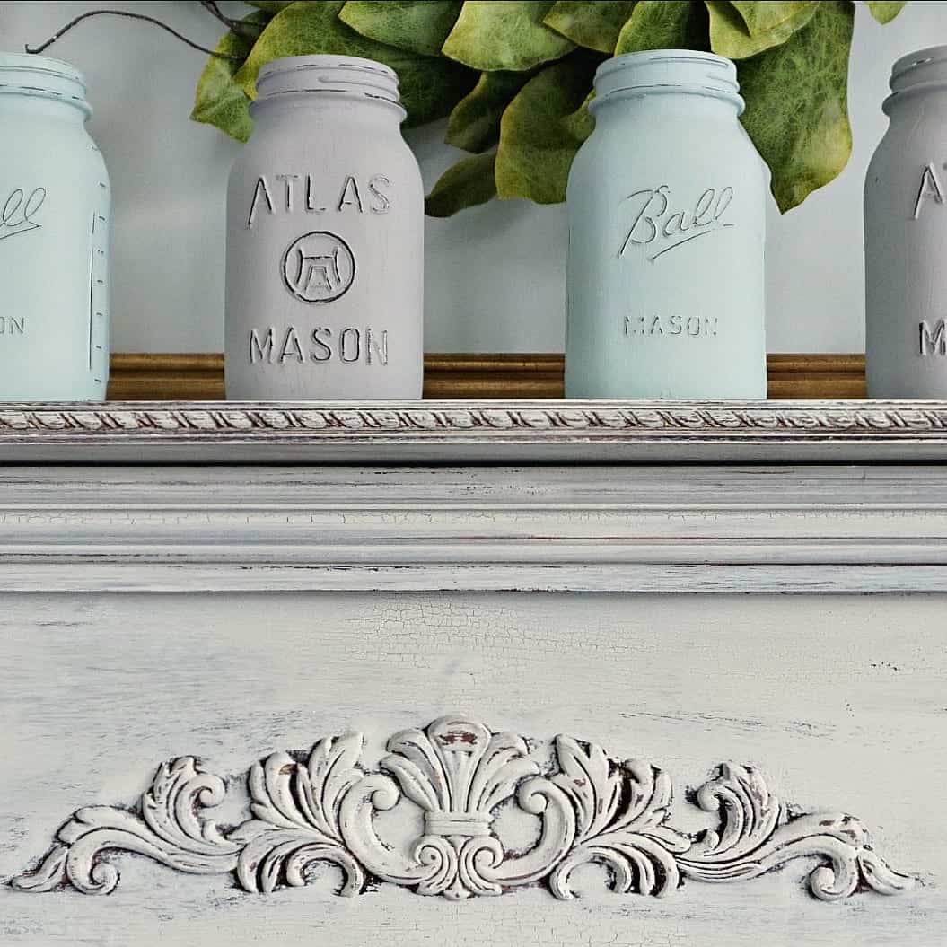 Chalk Painted Mason Jars on Chippy Mantel