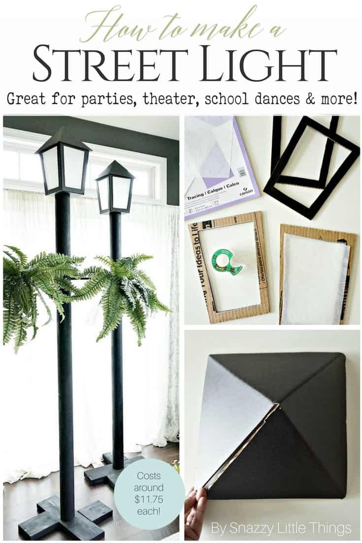 DIY street light tutorial that you can use for school dances, theater props, holiday parties (like Halloween) and more. Template is included! Each finished light is about $12! #halloweendecorating #mardigras #masqueradeball #partyplanning