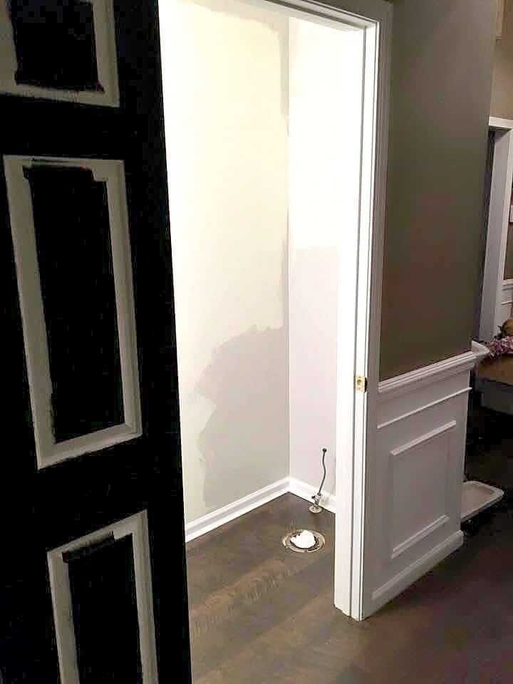 Bathroom renovation wood floor painted doors and gray walls