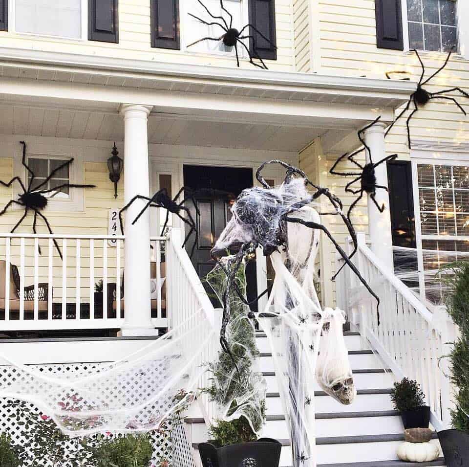 Spiders on House Halloween Decor on Lamp Post