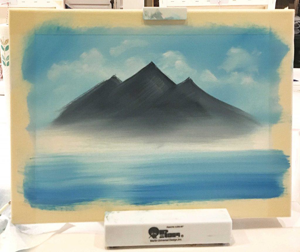 My first Bob Ross paint class background with mountain layer