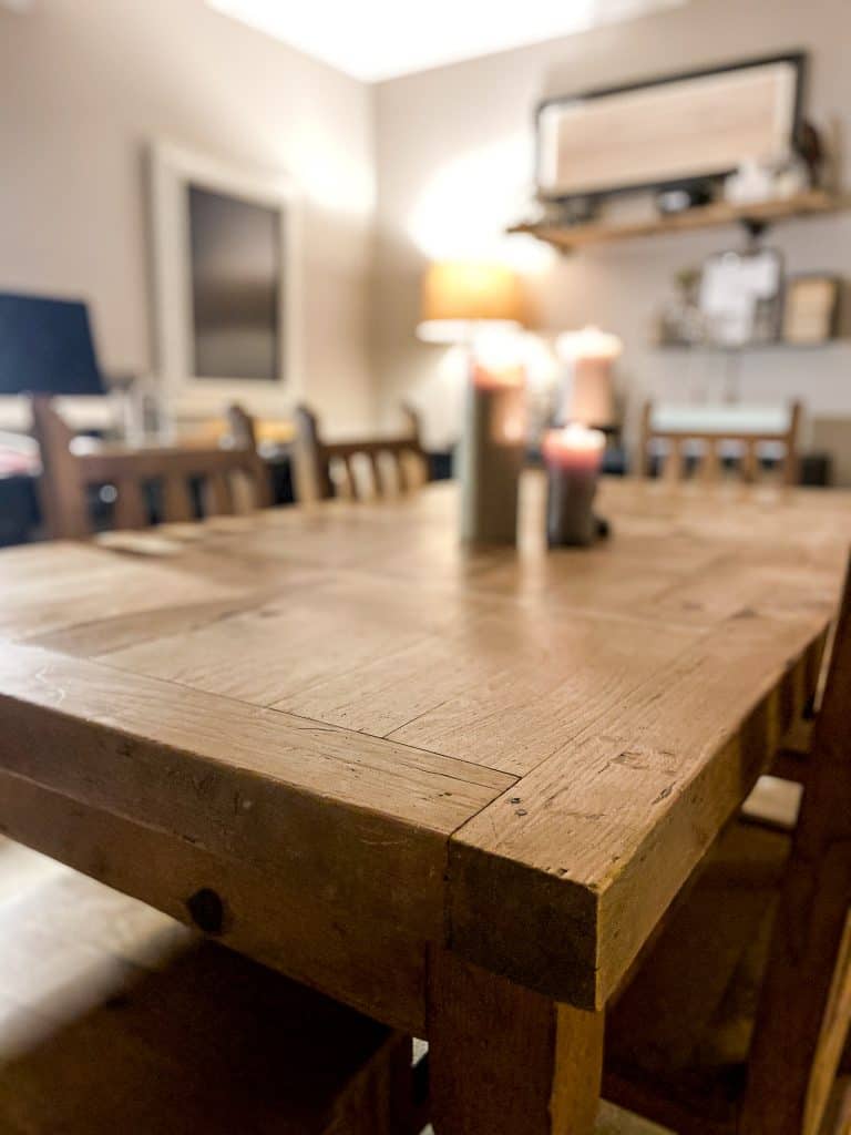 scrubbed pine crafting table in the basement