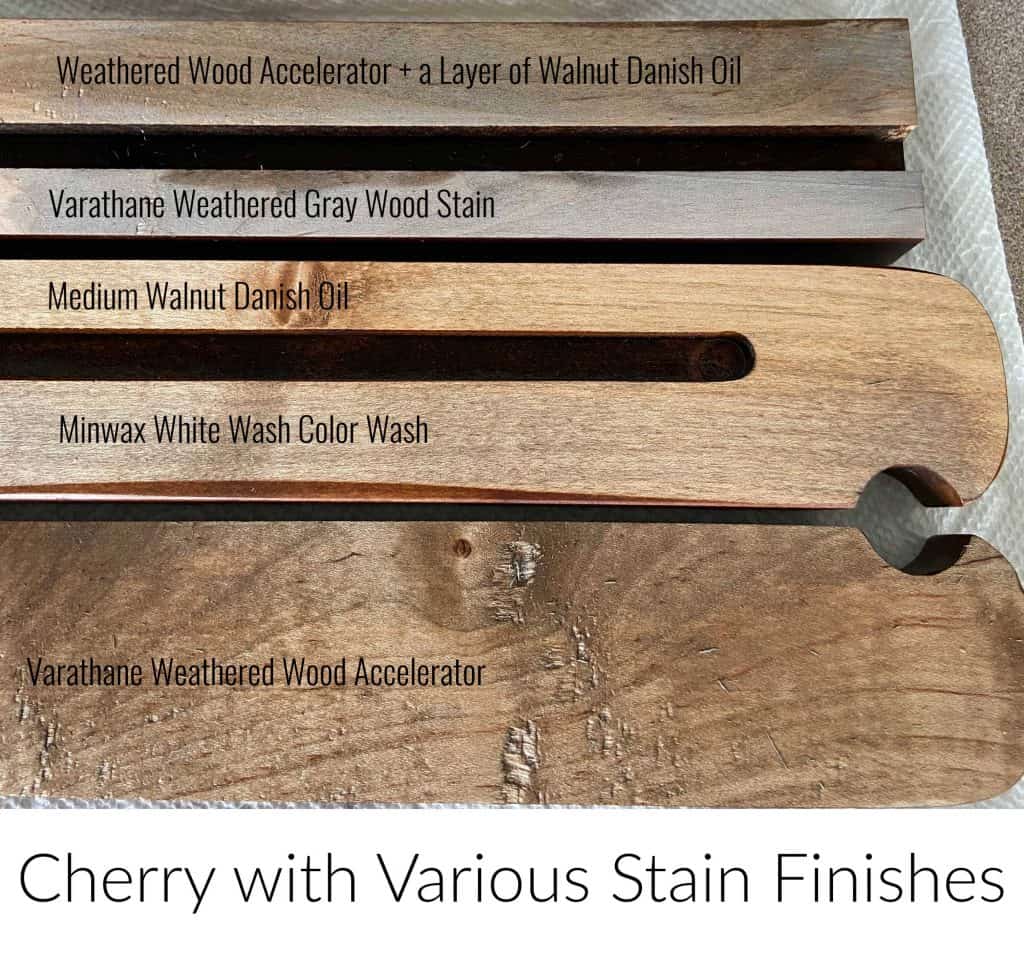 Cherry wood stain test with a variety of gray stains 